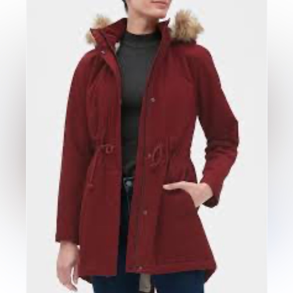 GAP Women's Burgundy Utility Jacket with Faux Fur Hood